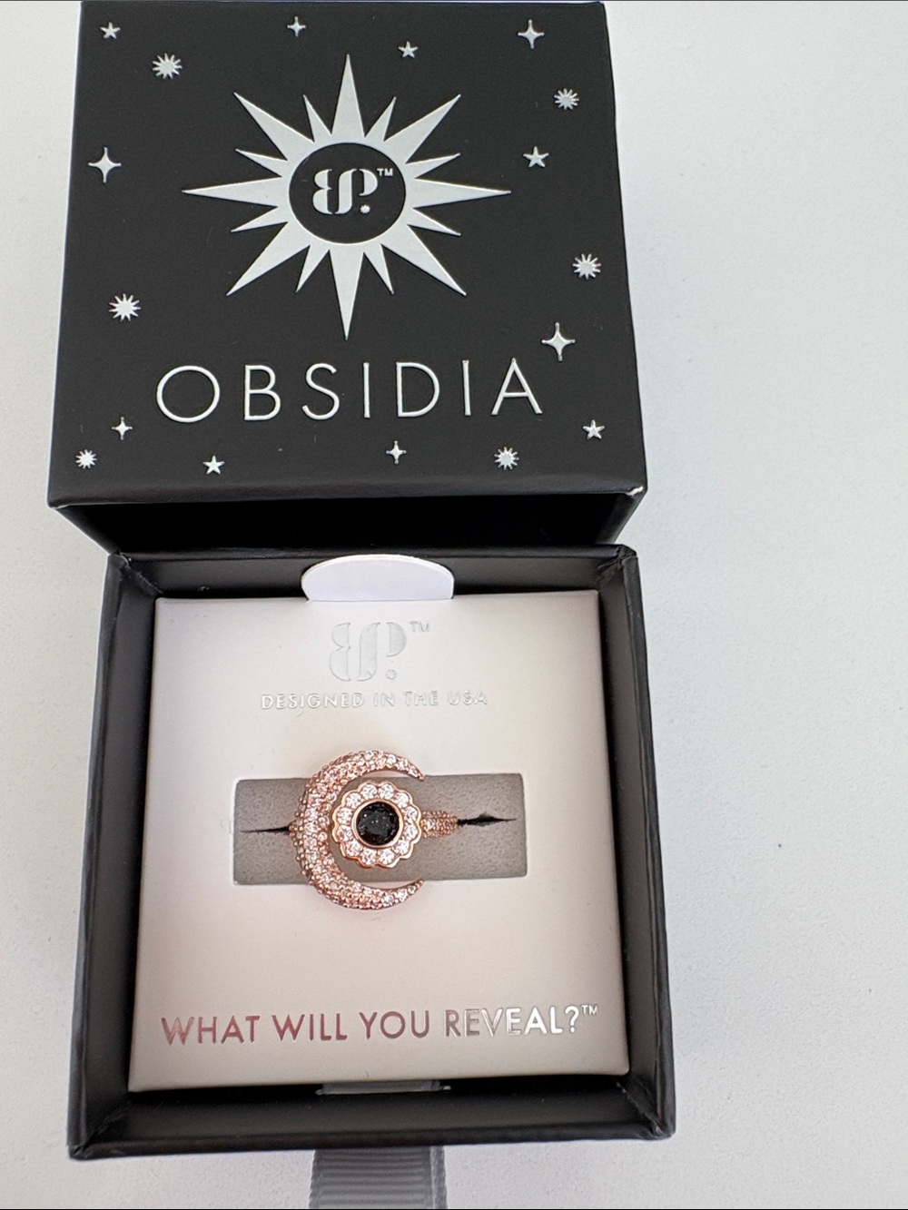 Obsidia Rose Gold Crescent Ring with Black Center Stone